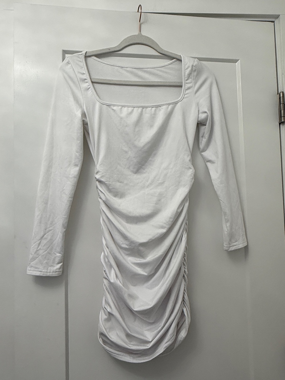 White Ruched Long Sleeve Mini Dress *non maternity*